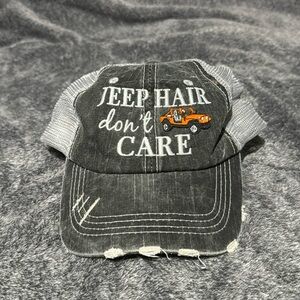 Jeep Hair Don’t Care Trucker Hat. Adjustable Velcro back.